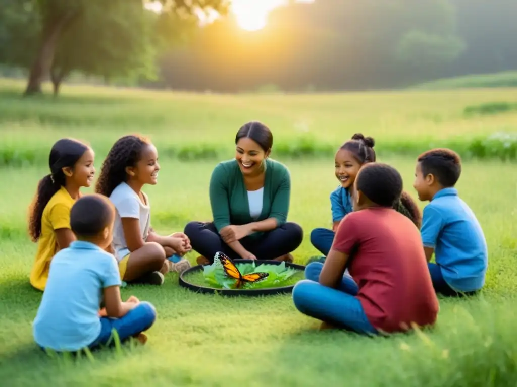 Un círculo de niños diversos disfruta de una actividad educativa en la naturaleza, guiados por un adulto sonriente al atardecer