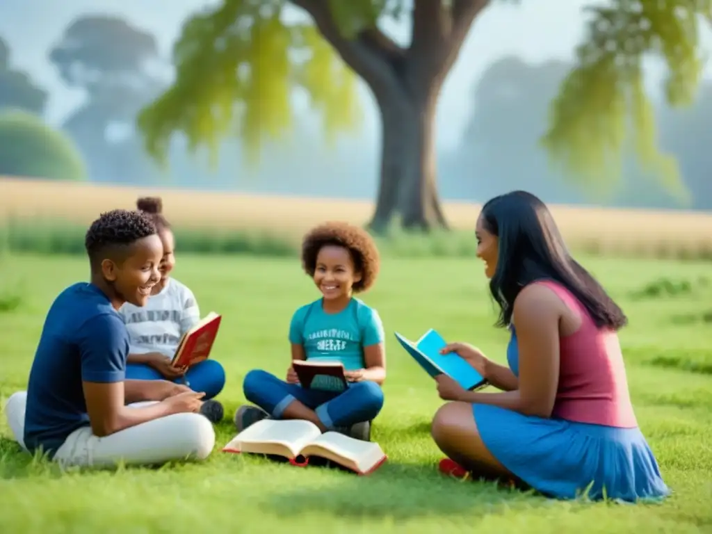 Un círculo de niños diversos leyendo libros verdes en un campo, conectando con la naturaleza