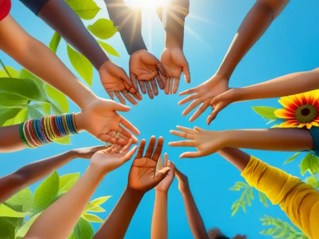 Un círculo de niños diversos, unidos por la protección de la biodiversidad, rodeados de naturaleza exuberante y sol radiante