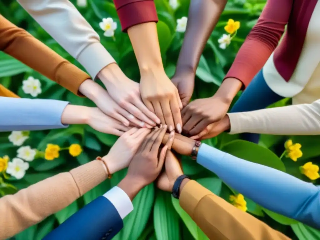 Un círculo de personas diversas unidas, rodeadas de naturaleza exuberante y flores en flor