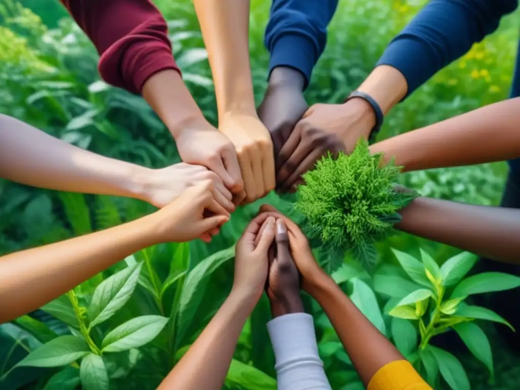 Un círculo de personas diversas unidas, rodeadas de naturaleza exuberante