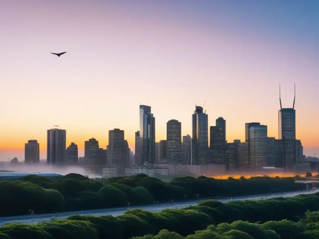 Una ciudad bulliciosa al atardecer con vida silvestre urbana integrada sutilmente