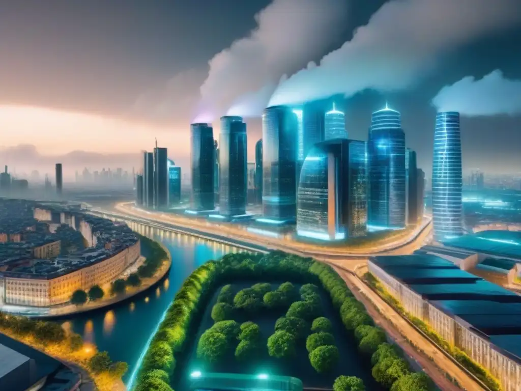 Una ciudad futurista con economía circular y sostenible, arquitectura verde e iluminación eficiente