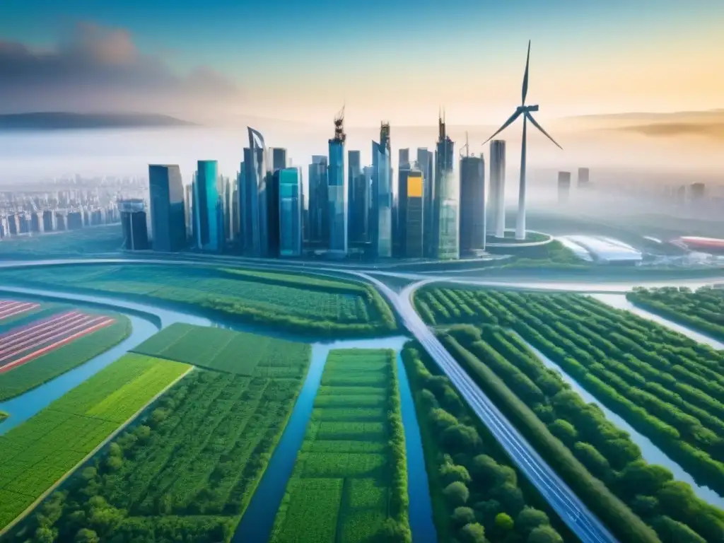 Una ciudad futurista con energías renovables, transporte público eficiente y áreas verdes