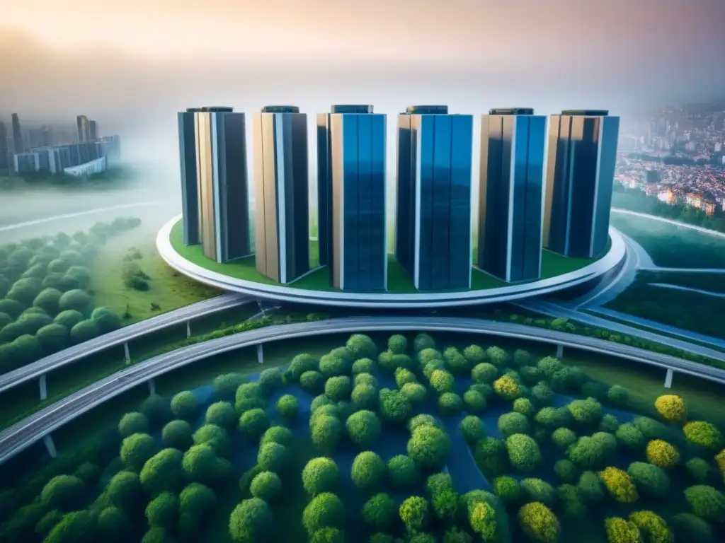 Ciudad circular futurista con espacios verdes integrados