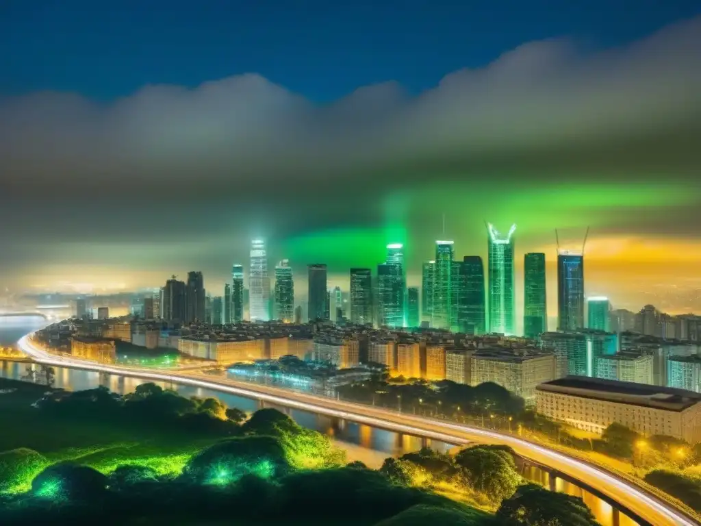 Una ciudad futurista iluminada por luces verdes, reflejando la integración de Startups tecnología verde big data