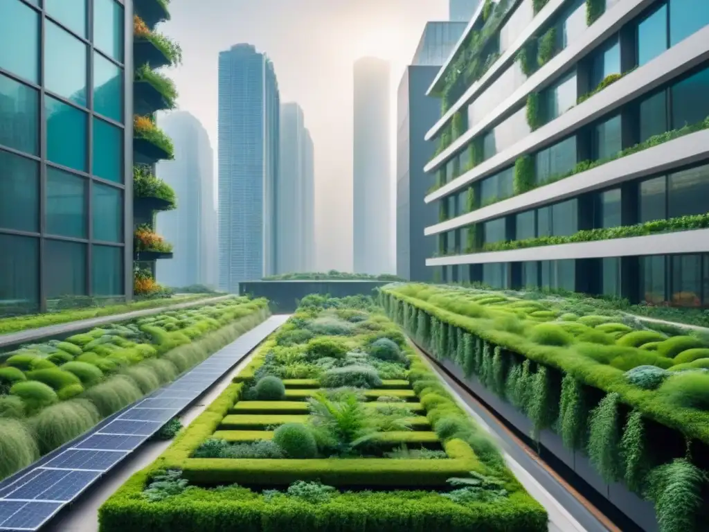 Una ciudad futurista integrada con exuberante vegetación, mostrando tecnología sostenible y corredores biológicos