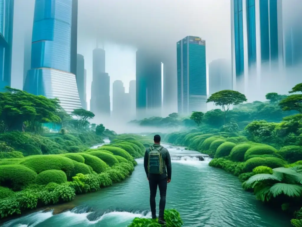 Una ciudad futurista invadida por la naturaleza, simbolizando la coexistencia armoniosa entre urbanización y naturaleza en un estilo de vida sostenible zerowaste