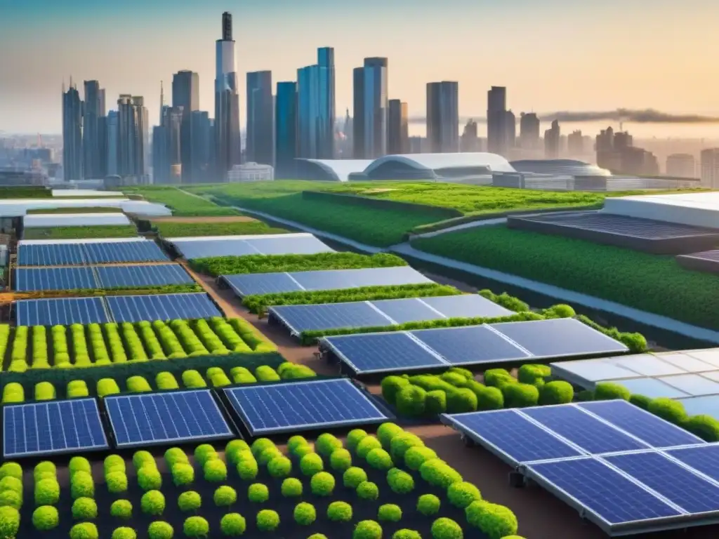 Una ciudad futurista con jardines en azoteas verdes, paneles solares brillantes y sistemas de compostaje subterráneo