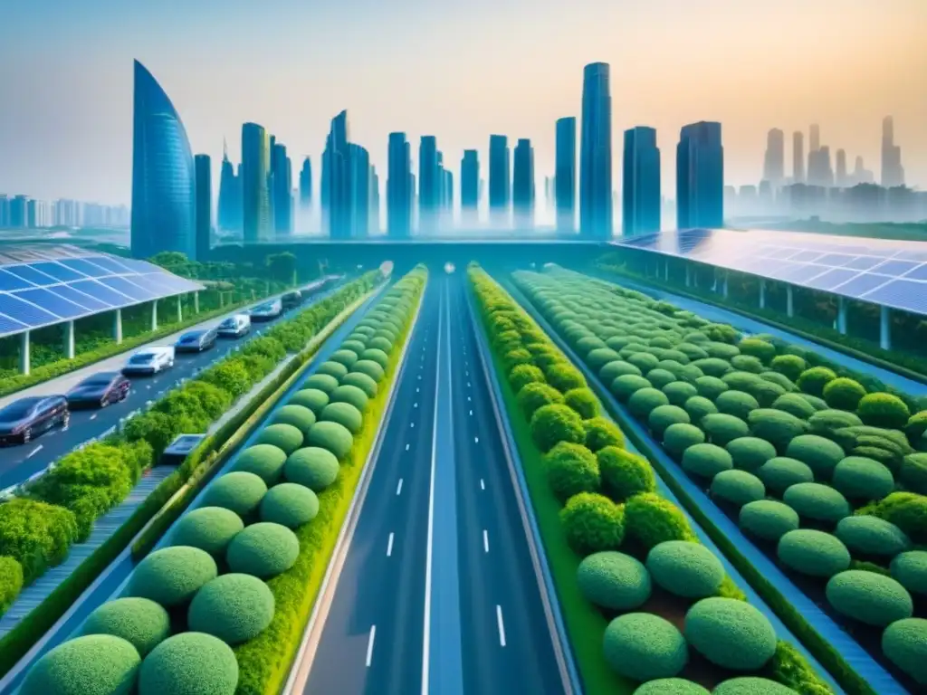 Una ciudad futurista llena de vegetación, con transporte avanzado y biocombustibles tercera generación sostenibles