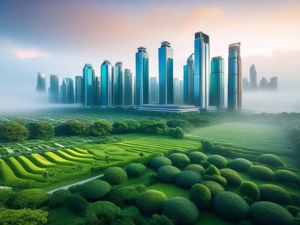 Una ciudad futurista integrando naturaleza en un ambiente Zero Waste