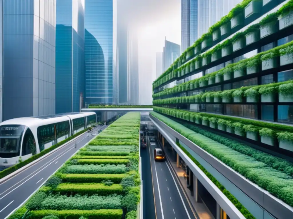 Una ciudad futurista con rascacielos verdes y tecnología para urbanismo verde