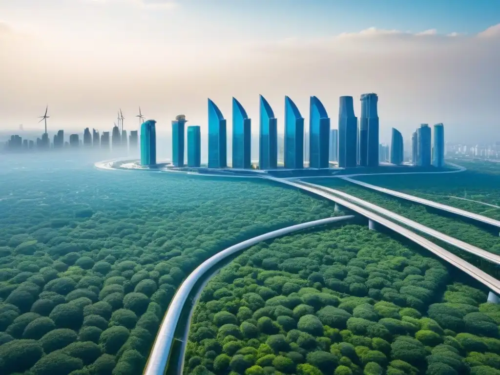 Futuro sostenible: Ciudad futurista con tecnología verde Una ciudad futurista sostenible con Apps sostenibles reducir huella carbono integradas en rascacielos verdes y transporte eléctrico