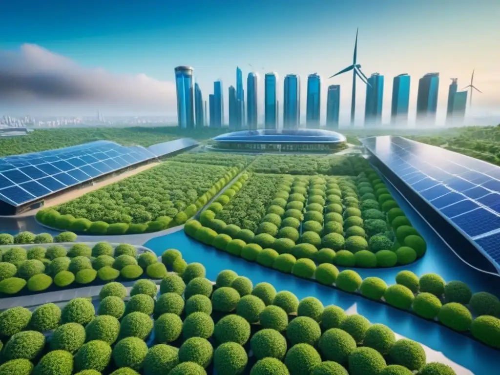 Una ciudad futurista sostenible con edificios verdes, paneles solares y vehículos eléctricos