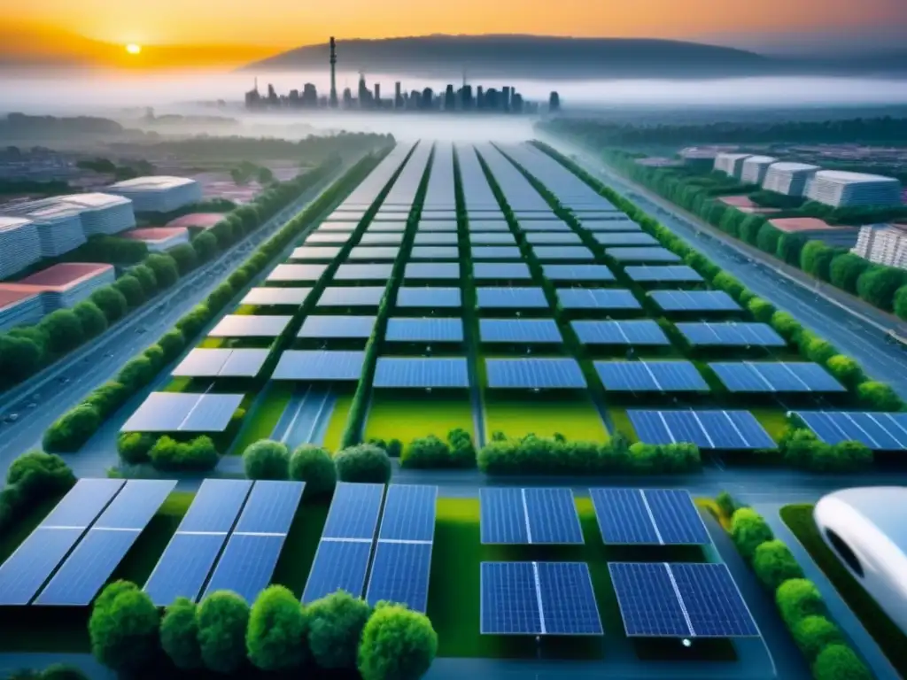 Una ciudad futurista sostenible con espacios verdes, paneles solares y vehículos eléctricos