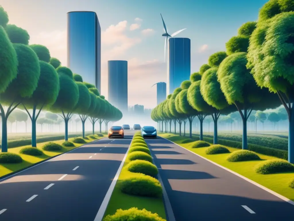 Una ciudad futurista sostenible se funde con la naturaleza en una ilustración minimalista