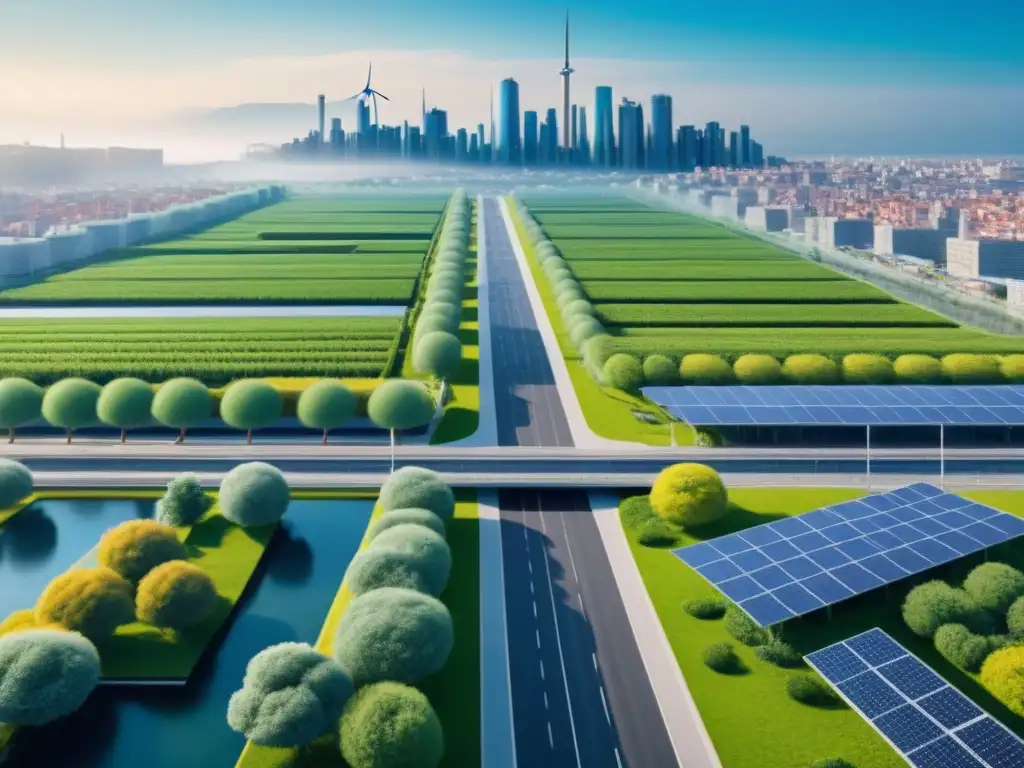 Una ciudad futurista y sostenible con prácticas ecofriendly como techos verdes y paneles solares