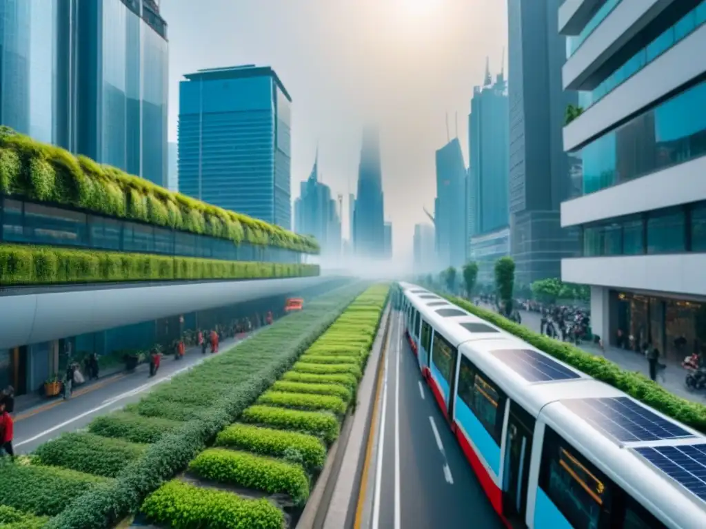 Una ciudad futurista con tecnología sostenible y naturaleza integrada armoniosamente