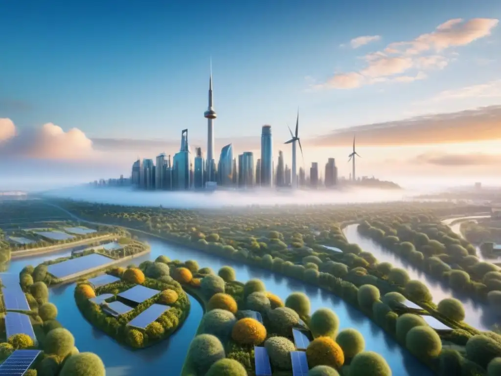 Una ciudad futurista con tecnología sostenible para ciudades eco, fusionando naturaleza y urbanismo bajo la cálida luz del atardecer