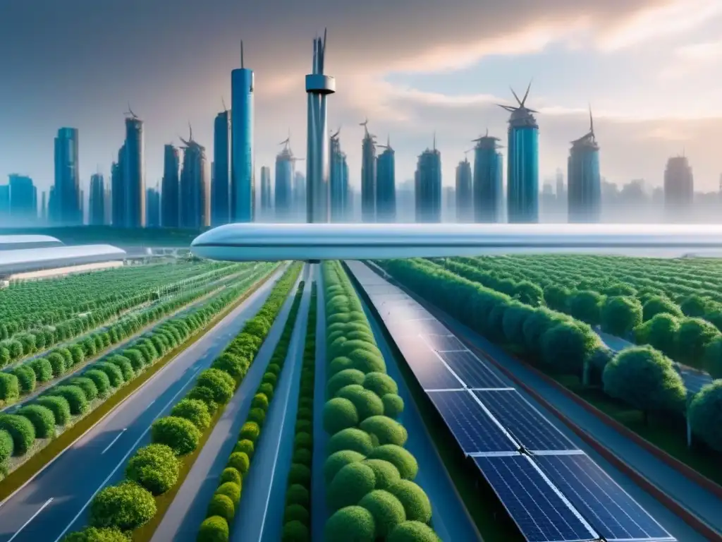 Una ciudad futurista integrando tecnología sostenible y naturaleza en corredores biológicos