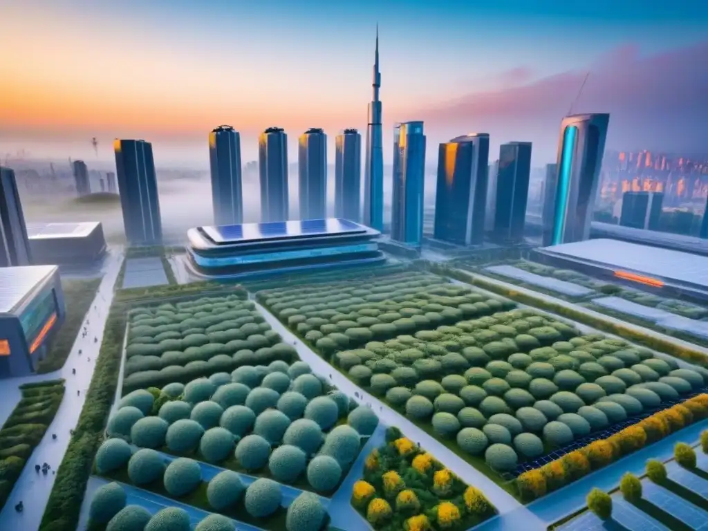 Amanecer en una ciudad futurista verde sostenible con edificios modernos y vehículos eléctricos, simbolizando innovaciones urbanas