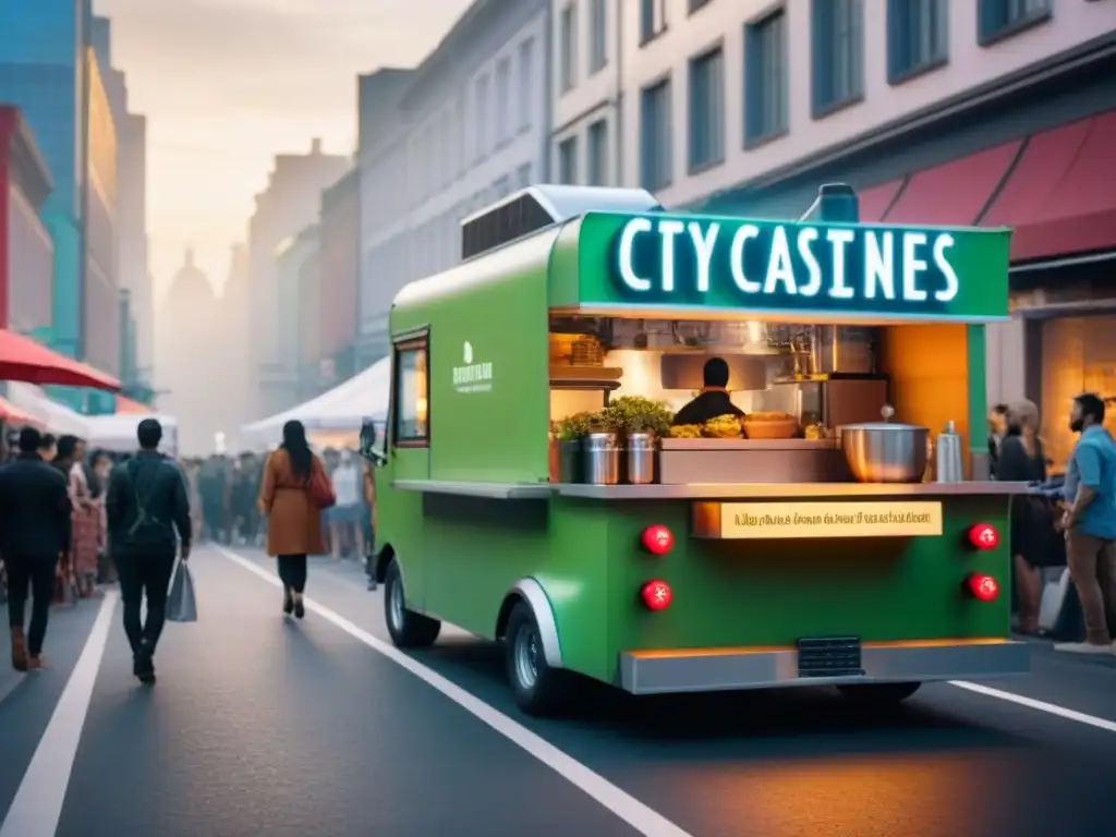 Una ciudad del futuro con food trucks ecofriendly sirviendo comida rápida sostenible fácil a una multitud diversa