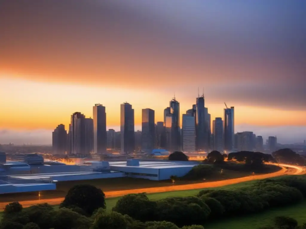 Una ciudad moderna al atardecer, con edificios reflejando tonos cálidos del cielo, simbolizando beneficios políticas residuo cero