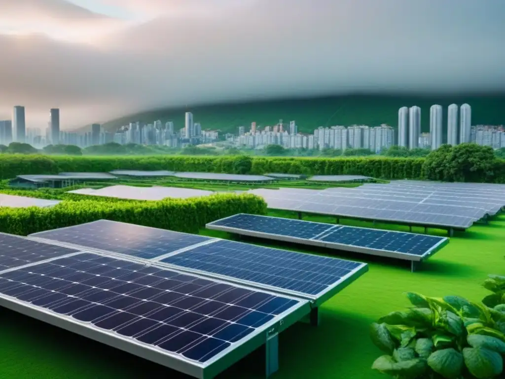 Una ciudad moderna con jardines en los techos y paneles solares, simbolizando la literatura sostenible estilo vida zero