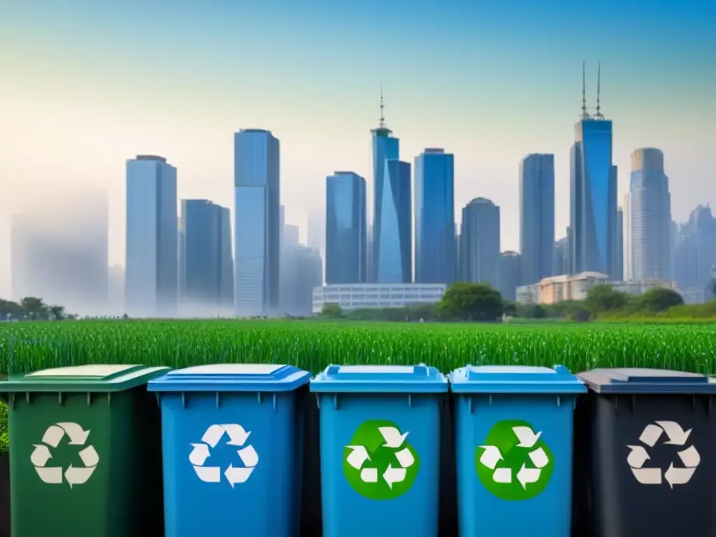 Una ciudad moderna integrando símbolos de reciclaje, reflejando innovación y ecoamigabilidad