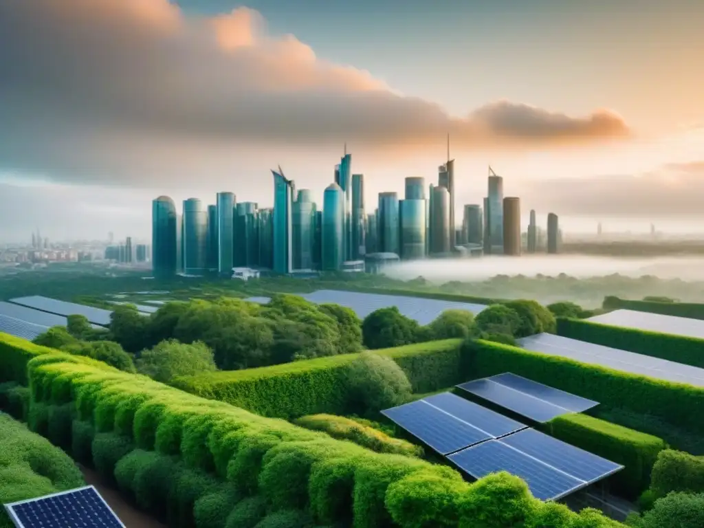 Una ciudad moderna y sostenible con edificios verdes y paneles solares, reflejando la Economía circular estilo de vida