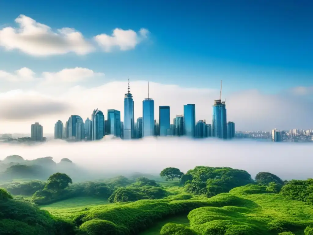 Una ciudad serena y armoniosa entre naturaleza y desarrollo urbano, bajo un cielo azul