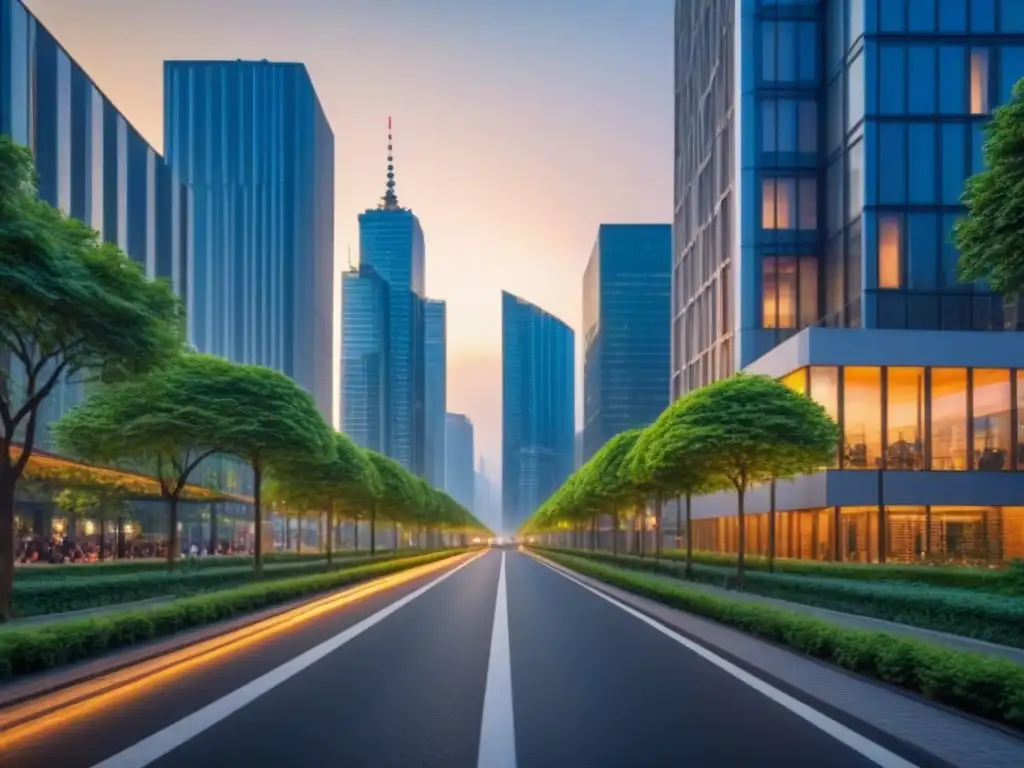 Una ciudad serena al anochecer con modernos rascacielos verdes iluminados y naturaleza exuberante en las calles