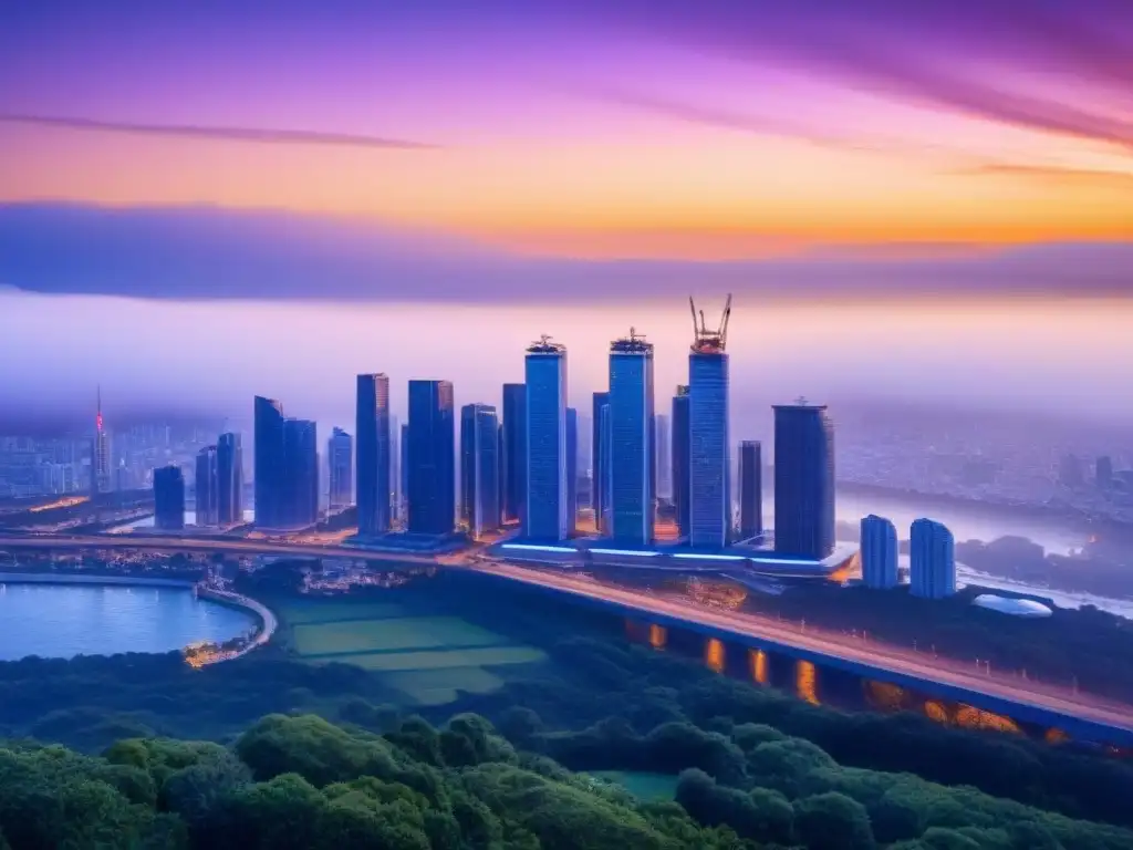 Ciudad futurista sostenible al atardecer con rascacielos verdes, reflejando armonía entre naturaleza y arquitectura moderna