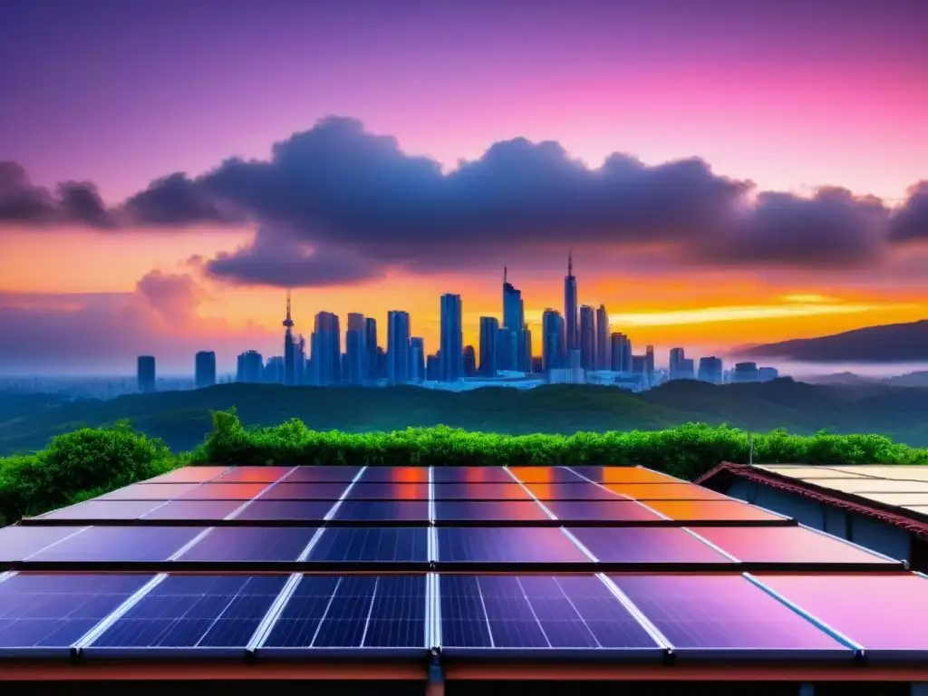 Ciudad futurista sostenible al atardecer con rascacielos y paneles solares, ejemplo a seguir en ciudades sostenibles