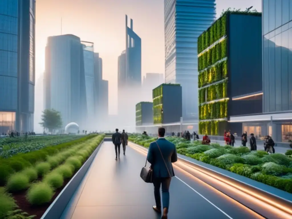 Ciudad futurista sostenible al anochecer con rascacielos ecoeficientes iluminados, integrando naturaleza y arquitectura moderna