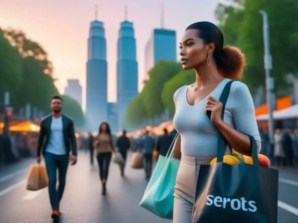 Una ciudad sostenible al anochecer, con rascacielos modernos y gente diversa llevando bolsas reutilizables en una avenida arbolada