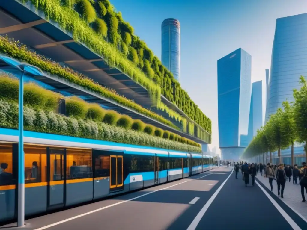 Una ciudad verde sostenible con innovaciones urbanas: arquitectura eco, jardines verticales, paneles solares y bicicletas