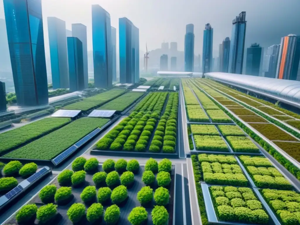 Ciudad verde sostenible: paisaje urbano futurista con innovaciones urbanas, techos verdes, jardines verticales, paneles solares y turbinas eólicas