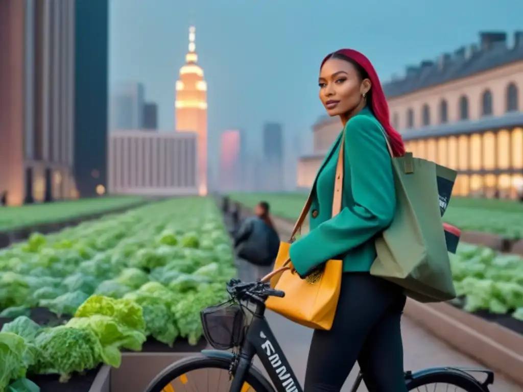 Una ciudad vibrante al anochecer con moda sostenible en la ciudad: gente ecologista en un entorno urbano lleno de vida y armonía