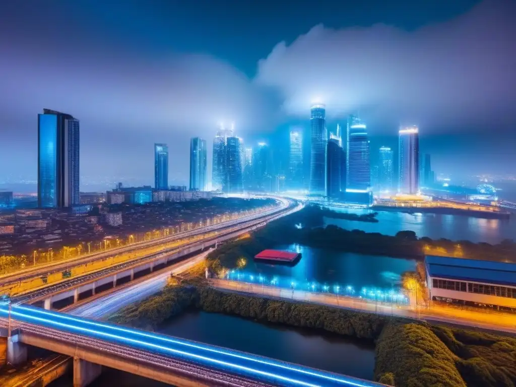 Una ciudad vibrante de noche, con rascacielos iluminados por luces neón