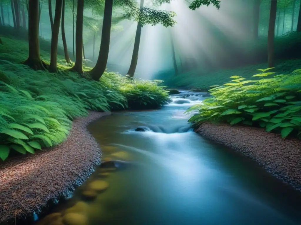 Un claro de bosque sereno con luz solar filtrada, arroyo y follaje vibrante, transmitiendo armonía con la naturaleza