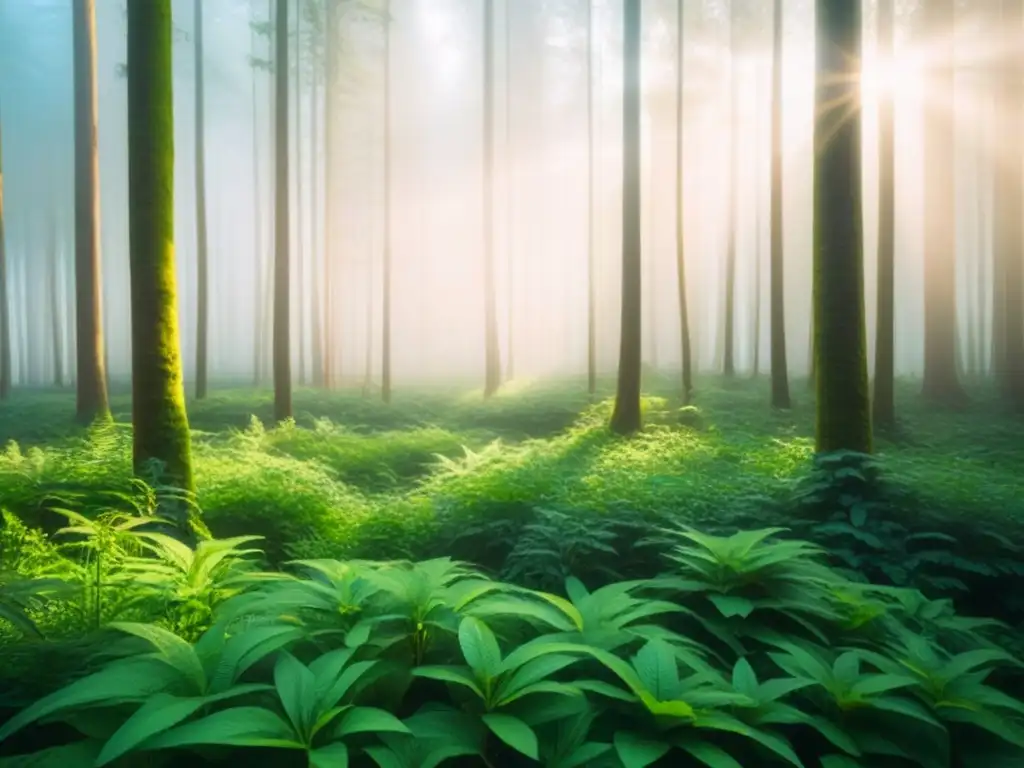 Un claro tranquilo en el bosque, con luz filtrándose entre las hojas, transmite calma y bienestar