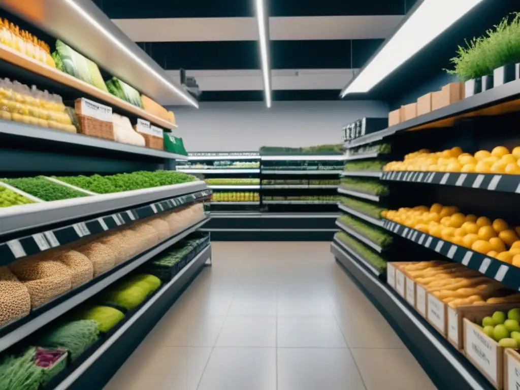 Clientes felices en supermercado ecológico con productos orgánicos y bolsas sostenibles