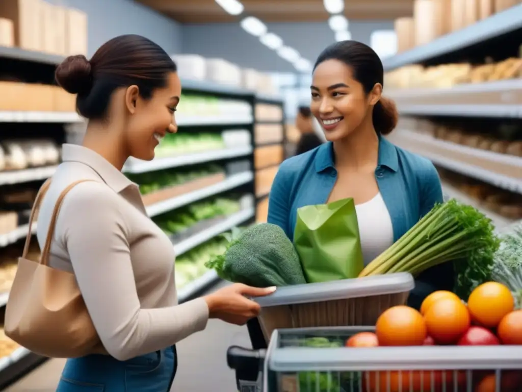 Clientes felices comprando en una tienda zero waste, promoviendo políticas internacionales de consumo sostenible