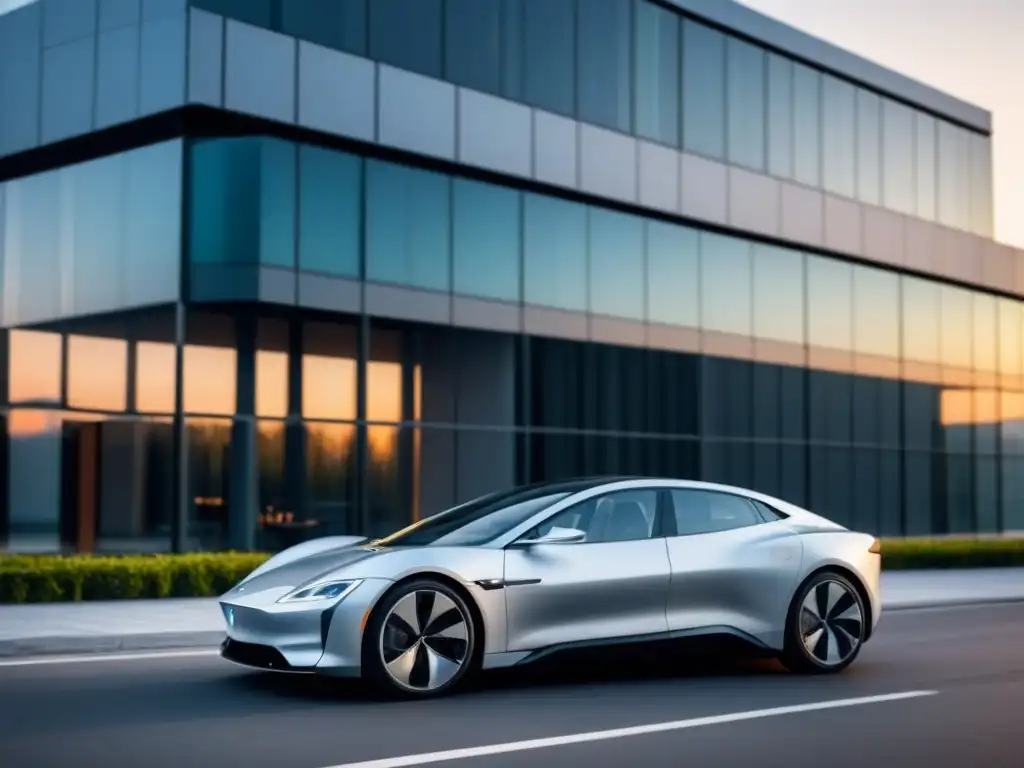 Un coche eléctrico de alta gama plateado frente a un edificio futurista