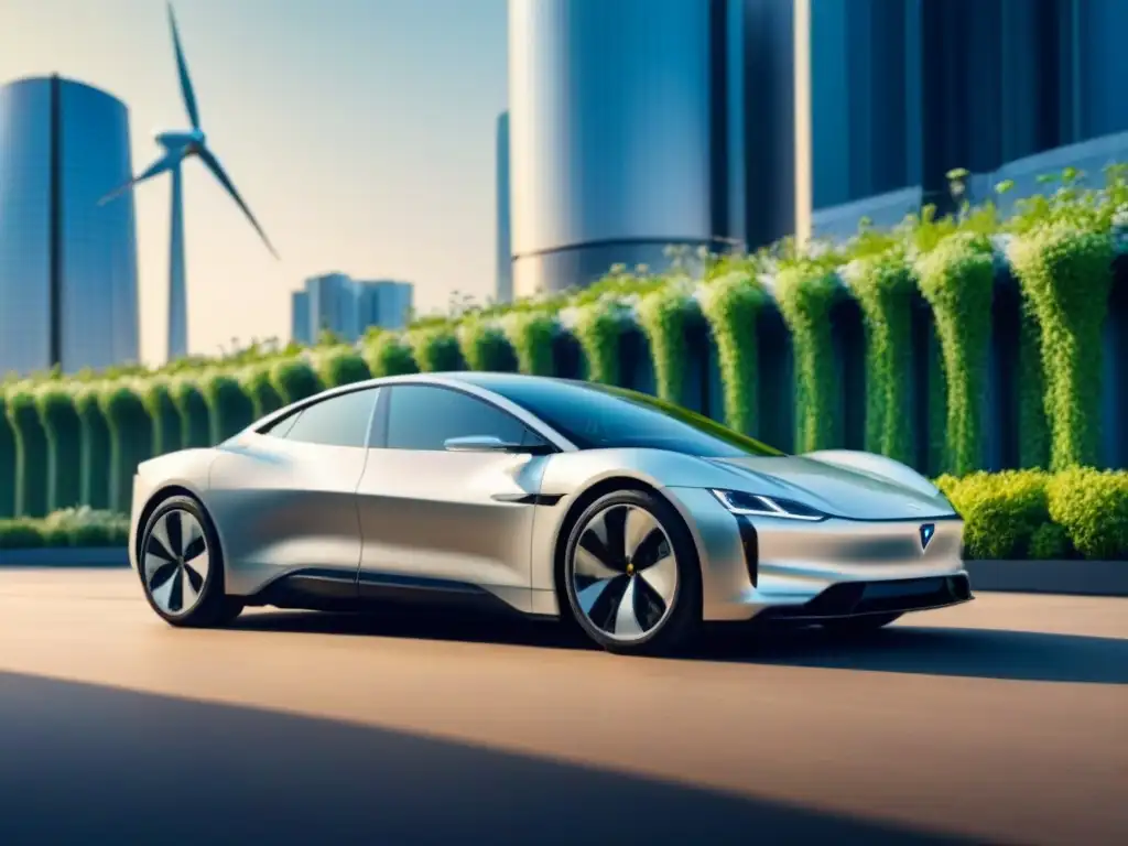 Un coche eléctrico de alta gama sostenible en una ciudad futurista sin desperdicios, rodeado de tecnología avanzada y lujo verde