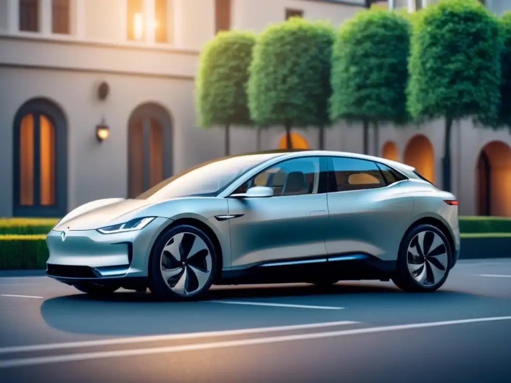 Un coche eléctrico de alta gama sostenible en entorno urbano futurista y ecológico