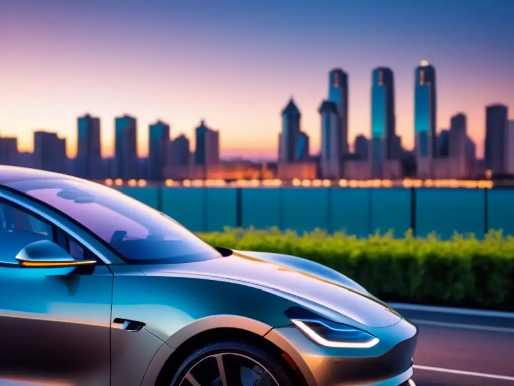 Coche eléctrico de alta gama sostenible cargando en estación futurista con ciudad eco a su alrededor al anochecer