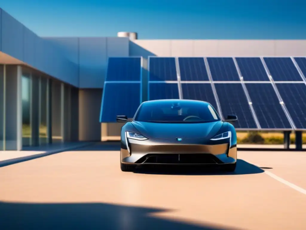 Un coche eléctrico de alta gama con paneles solares en un entorno futurista sostenible