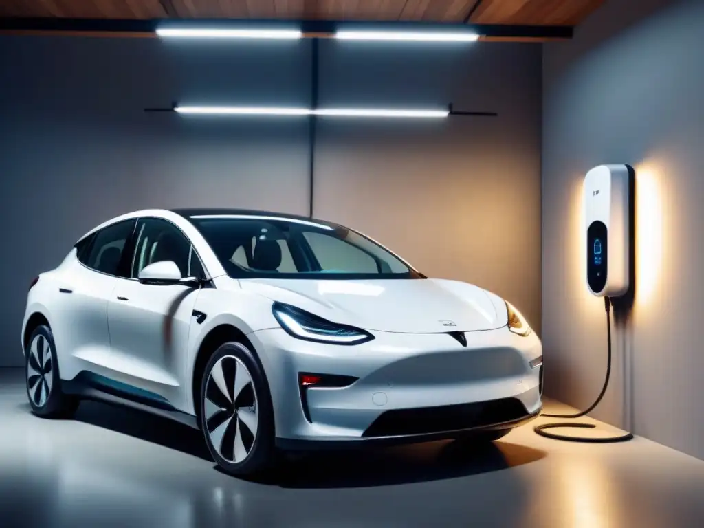 Vehículo eléctrico moderno en casa sostenible Un coche eléctrico elegante cargándose en casa con soluciones carga vehículo eléctrico sostenible